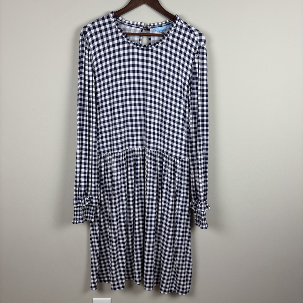 Draper James Kitty Dress Womens XXL‎ Blue White Gingham A-Line Pleated Feminine